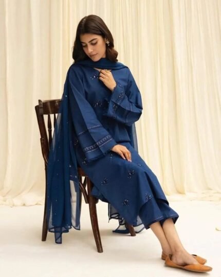 Blue Embroidery Stiched 3-Piece